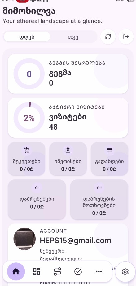 მიმოხილვის ეკრანი: გეგმის შესრულება, ვიზიტები, შეკვეთები, გადახდები
